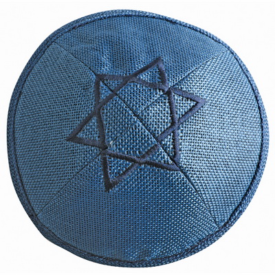 כיפה פשתן 17 ס"מ כחול כהה עם ריקמה מגן דוד