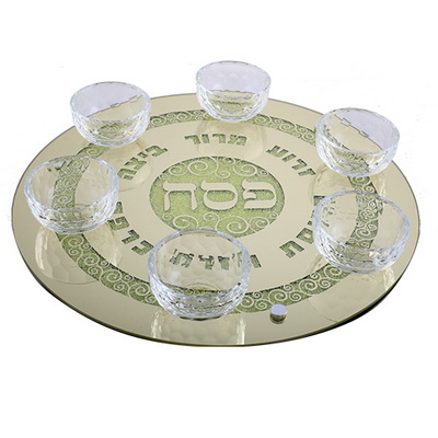 צלחת פסח זכוכית "אבנים זהב" עם בומצים קריסטל 37 ס"מ