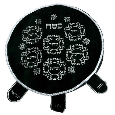 תת1 כיסוי פסח קטיפה כחול ריקמה "צלחת פסח" 45 ס"מ