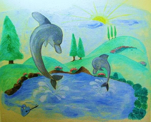 ציור קיר אקריליק בריכת דולפינים