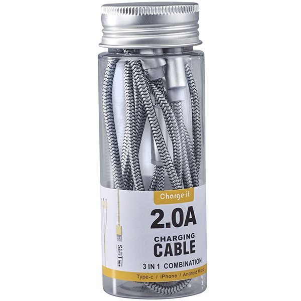 כבל טעינה ודאטה Charge-it 3in1 מהיר במיוחד 2.0A תואם Type-C/iPhone/Android בטיוב 1.2מ CH-4325