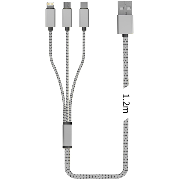 כבל טעינה ודאטה Charge-it 3in1 מהיר במיוחד 2.0A תואם Type-C/iPhone/Android בטיוב 1.2מ CH-4325