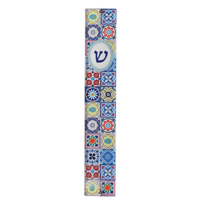 מזוזה פרספקס 12 ס"מ לבן עם הדפסה עיטור פסיפס צבעונ