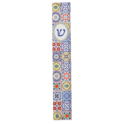 מזוזה פרספקס 10 ס"מ לבן עם הדפסה עיטור פסיפס צבעוני