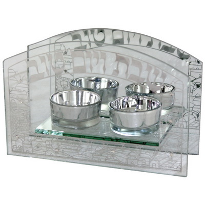 פמוט זכוכית עם פלקטה "ירושלים" 12x18 ס"מ