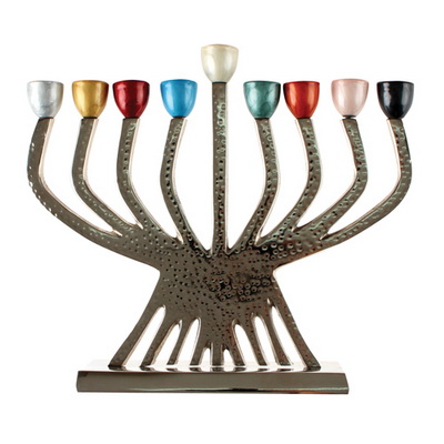 חנוכייה אלומיניום מרוקע עם קנים צבעוניים 25 ס"מ