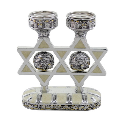 פמוטי פולי מוכסף עם אמייל בצורת מגני דוד עם כדור ירושלים 15 ס"מ