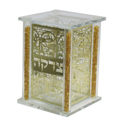 קופת צדקה קריסטל עם פלקטות זהב 9*11 ס"מ