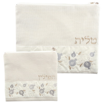 סט טלית תפילין פשתן בז' עם ריקמה רימונים 36*29 ס"מ