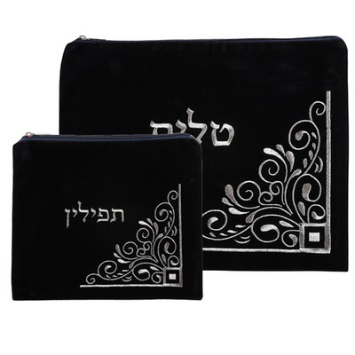 סט טלית תפילין קטיפה כחול כהה עם ריקמה 36*29 ס"מ