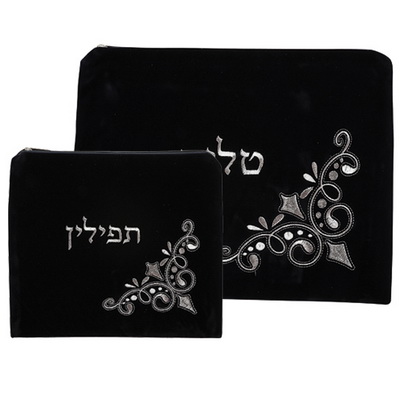 סט טלית תפילין קטיפה כחול כהה עם ריקמה 36*29 ס"מ